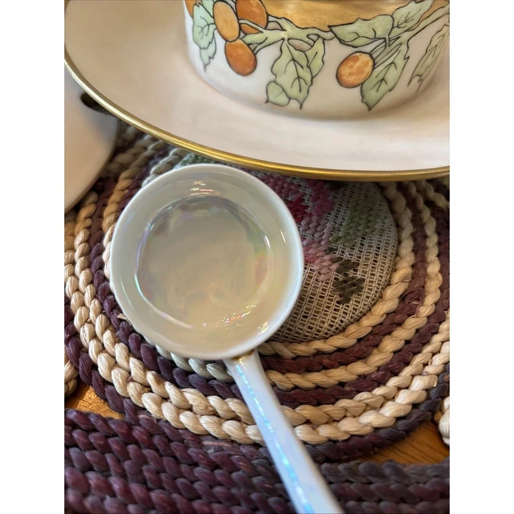 Antique Porcelain Covered Cream Soup Bowl Fruit Attached Under Plate Ladle‎ Gilt
